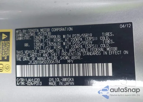 2013 Lexus Rx 450H z USA, uszkodzony, nr VIN JTJZB1BA5D2006784